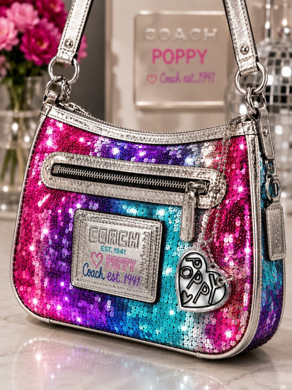 COACH Poppy Graffiti Heart Mirror Acrylic Bag Charm Keychain Silver Y2K Rare - Picture 6 of 9